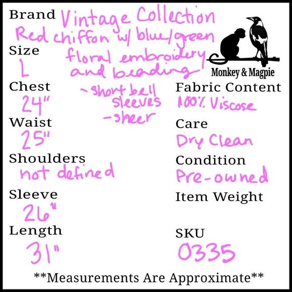 Vintage Collection Women's Red Chiffon Top Tunic Blue Floral Embroidery Beaded L - Picture 12 of 12